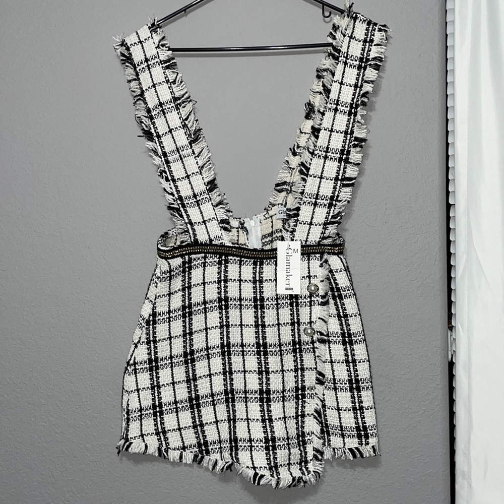 Glamaker Raw Hem Button Front Tweed Pinafore Jumpsuit